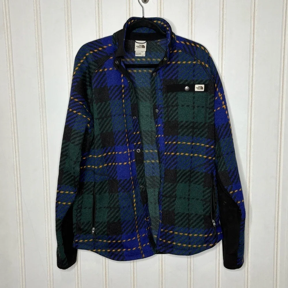 The North Face Gordon Lyons Plaid Fleece Snap Front Shirt Jacket Blue Green M
